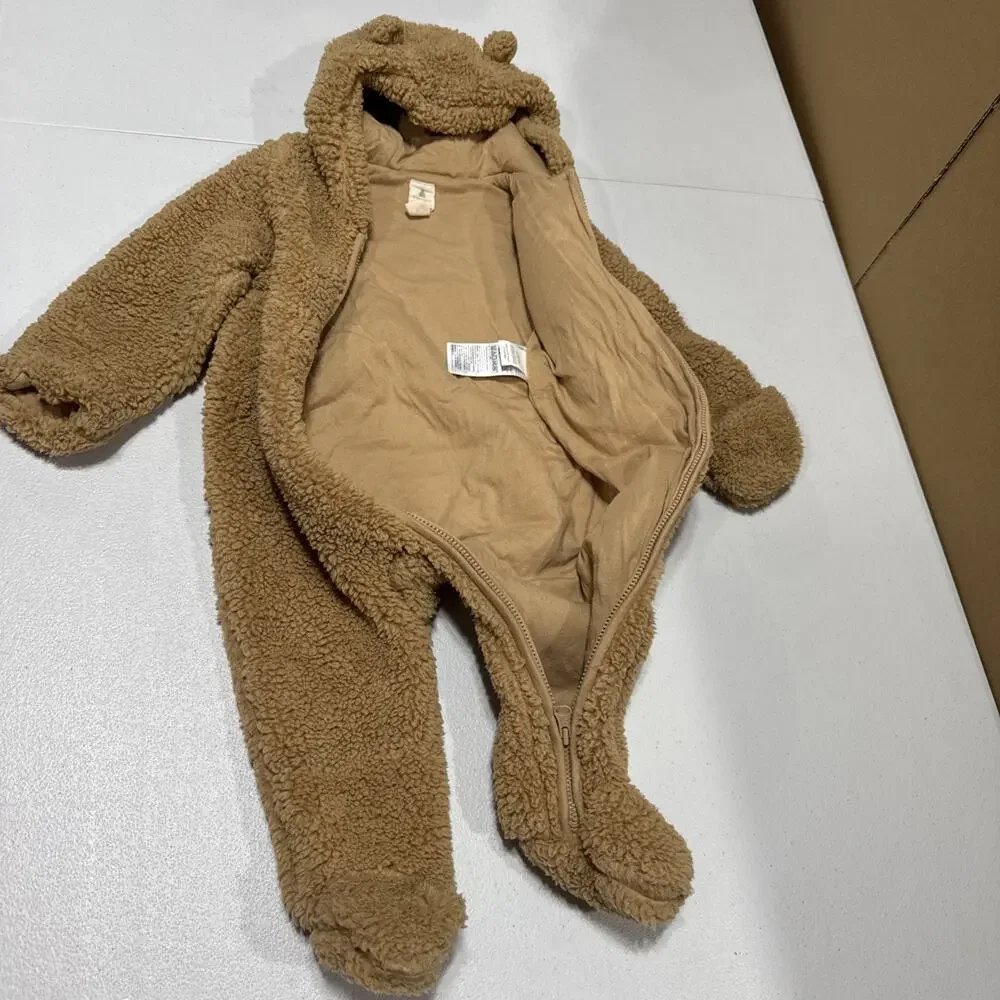 Baby Gap 6-12 Brown Sherpa Hooded Teddy Coverall Footie Bear Ears Outdoor Casua